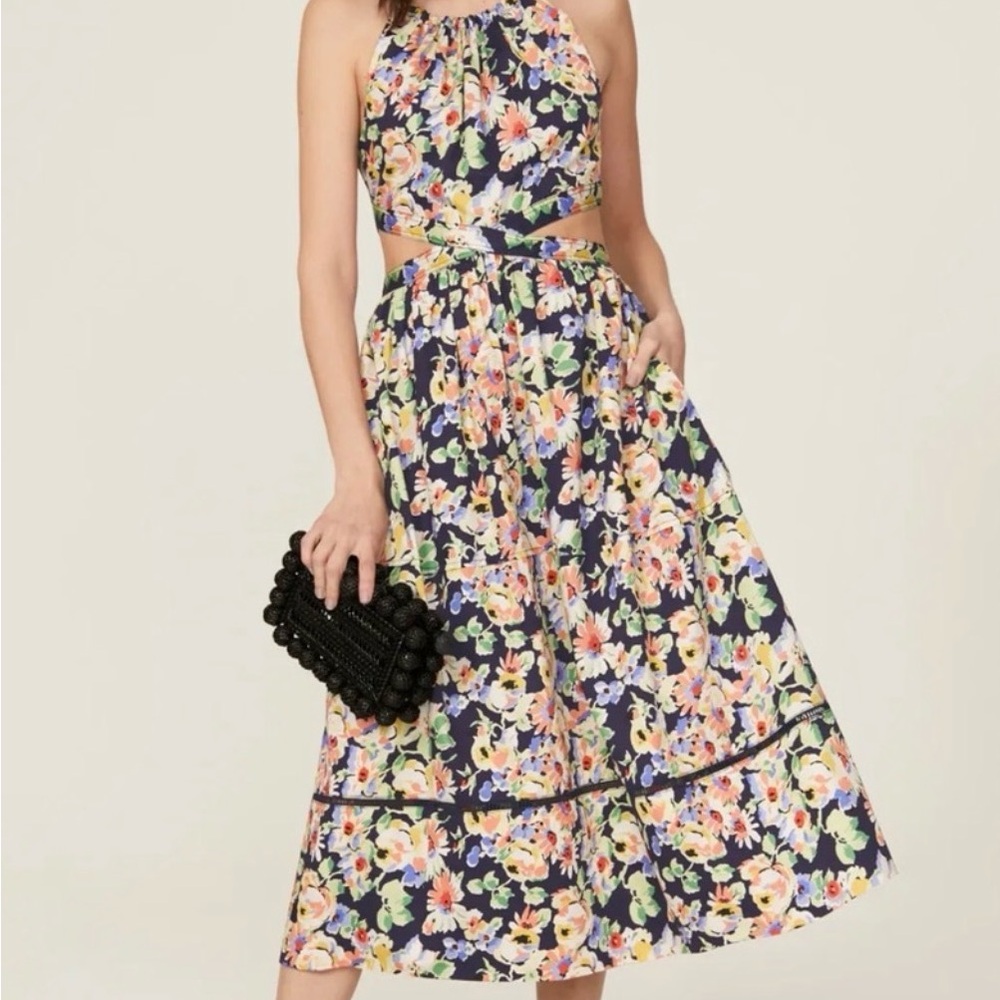 Something Navy Navy Floral Halter Midi Dress with Cutout